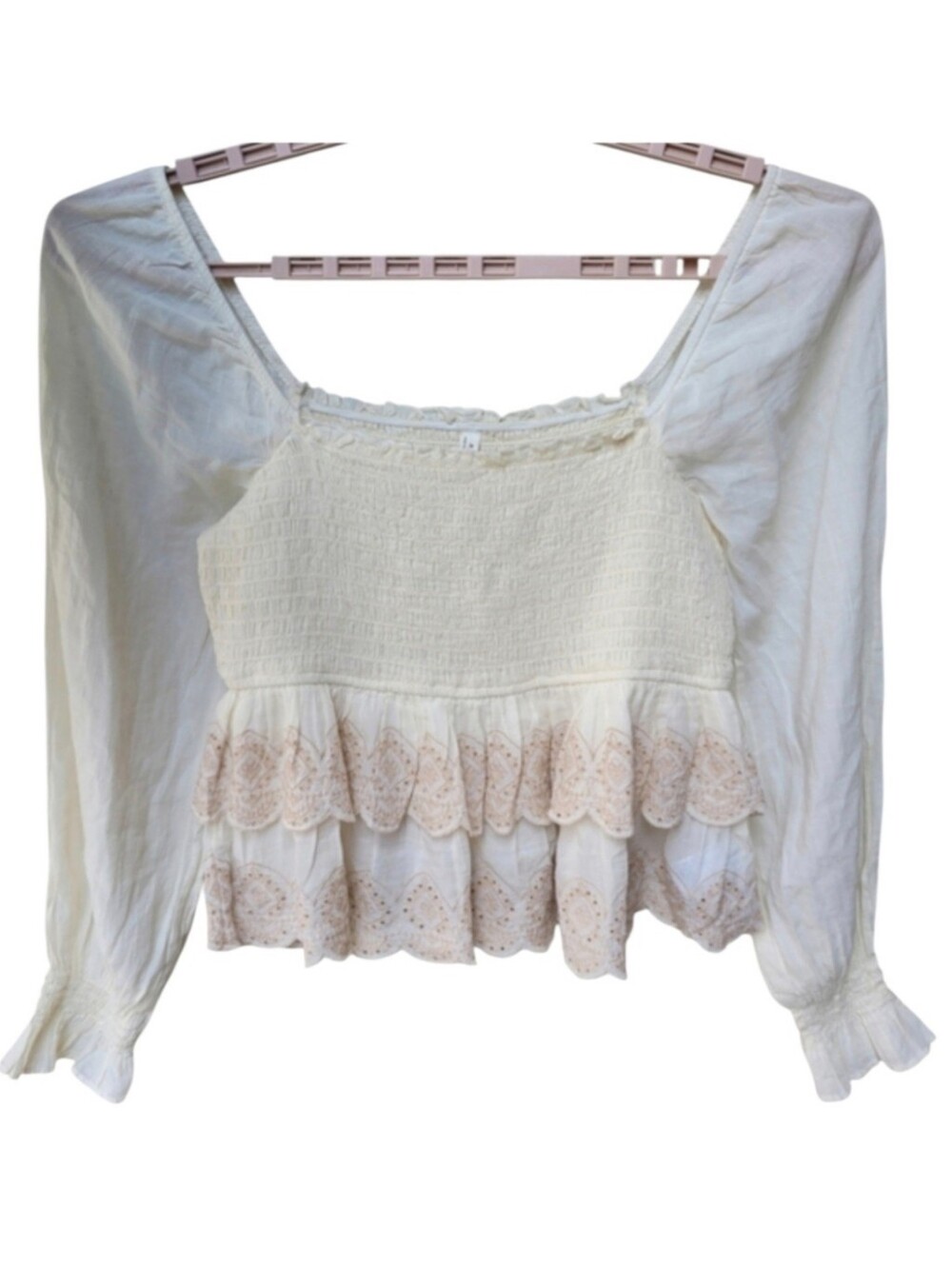 American Eagle Smocked Tiered Long Sleeve Top Eyelet Cream Size M